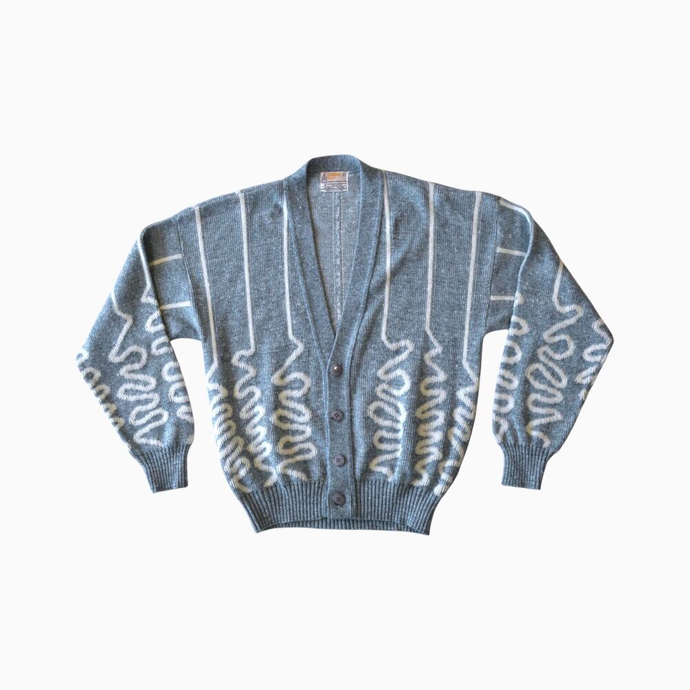 Vintage London Fog Ice Blue Geometric Knit Cardigan, Grandpa Sweater
